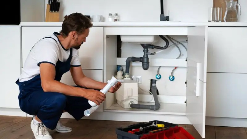 Plumber repairing pipework under a kitchen sink