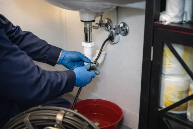 Trap and water connections are checked under the sink